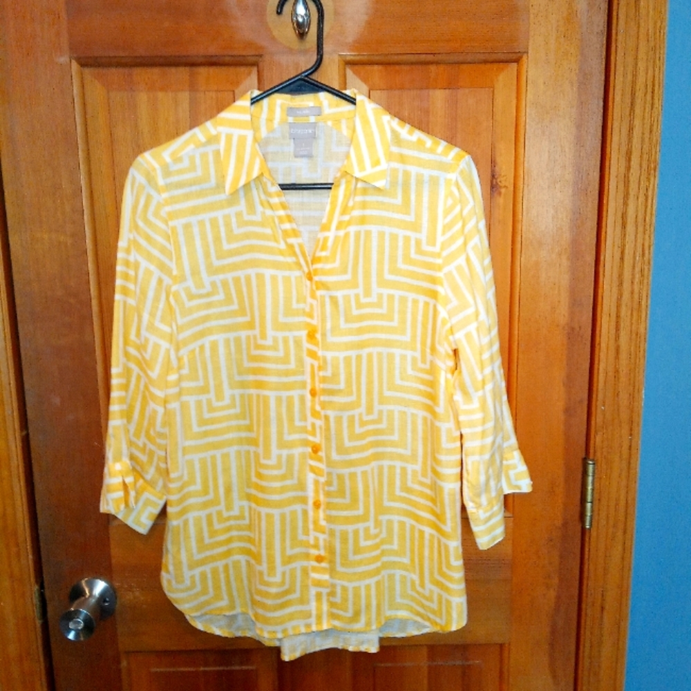 Chicos 100% linen 3/4 sleeve button up shirt yellow white geometric size 8/10